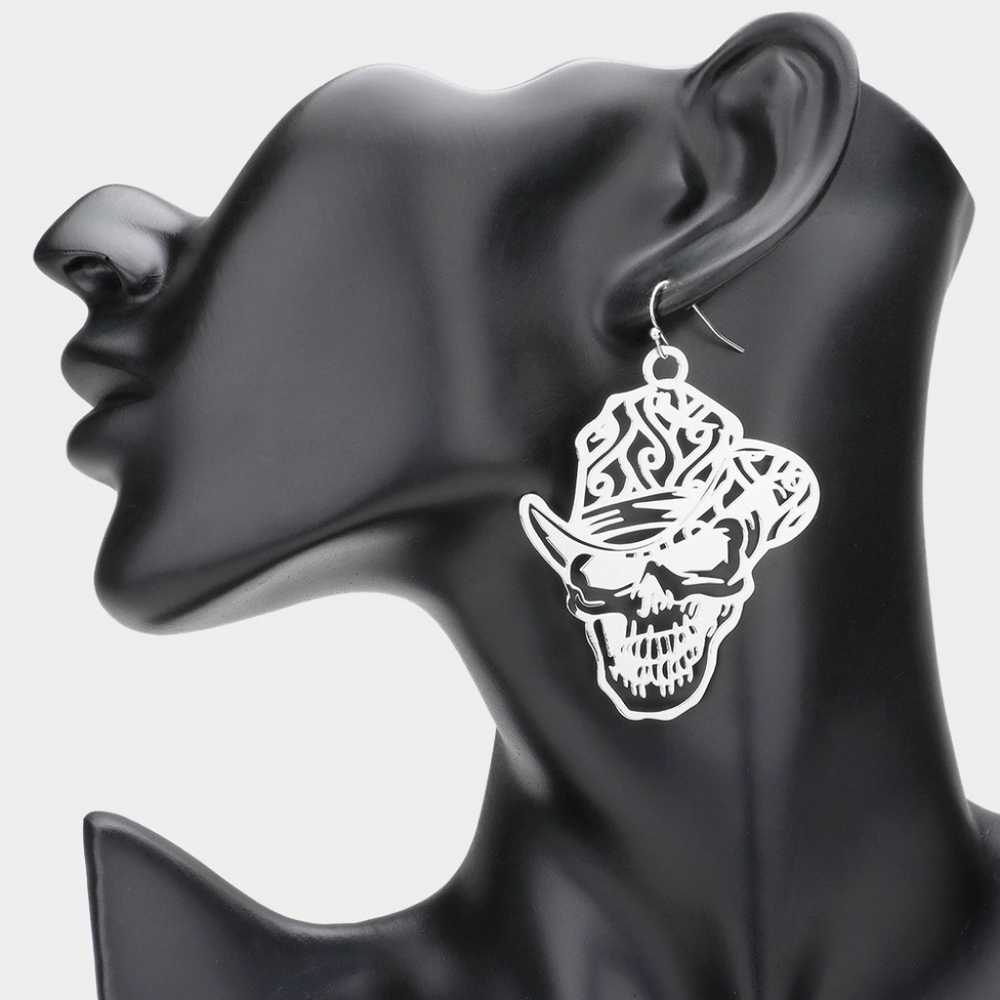 Silver Cut Out Skull Earrings Hat Metal Skeleton Accessories Dangle Filigree